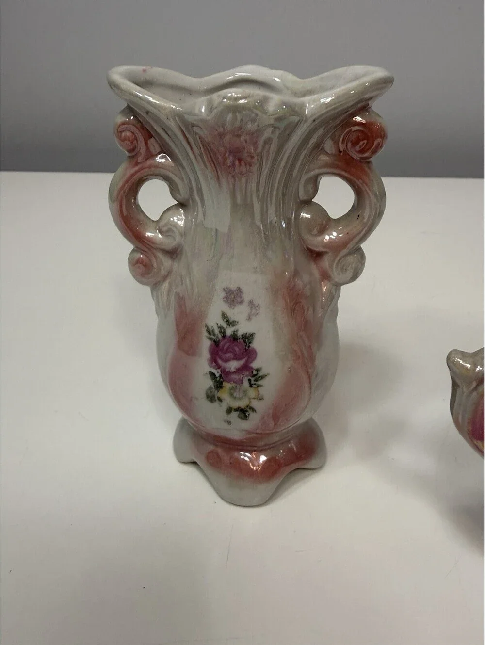 VTG Lusterware Floral Bud Vases Iridescent Pink Finish, Footed Handles Set Of 3